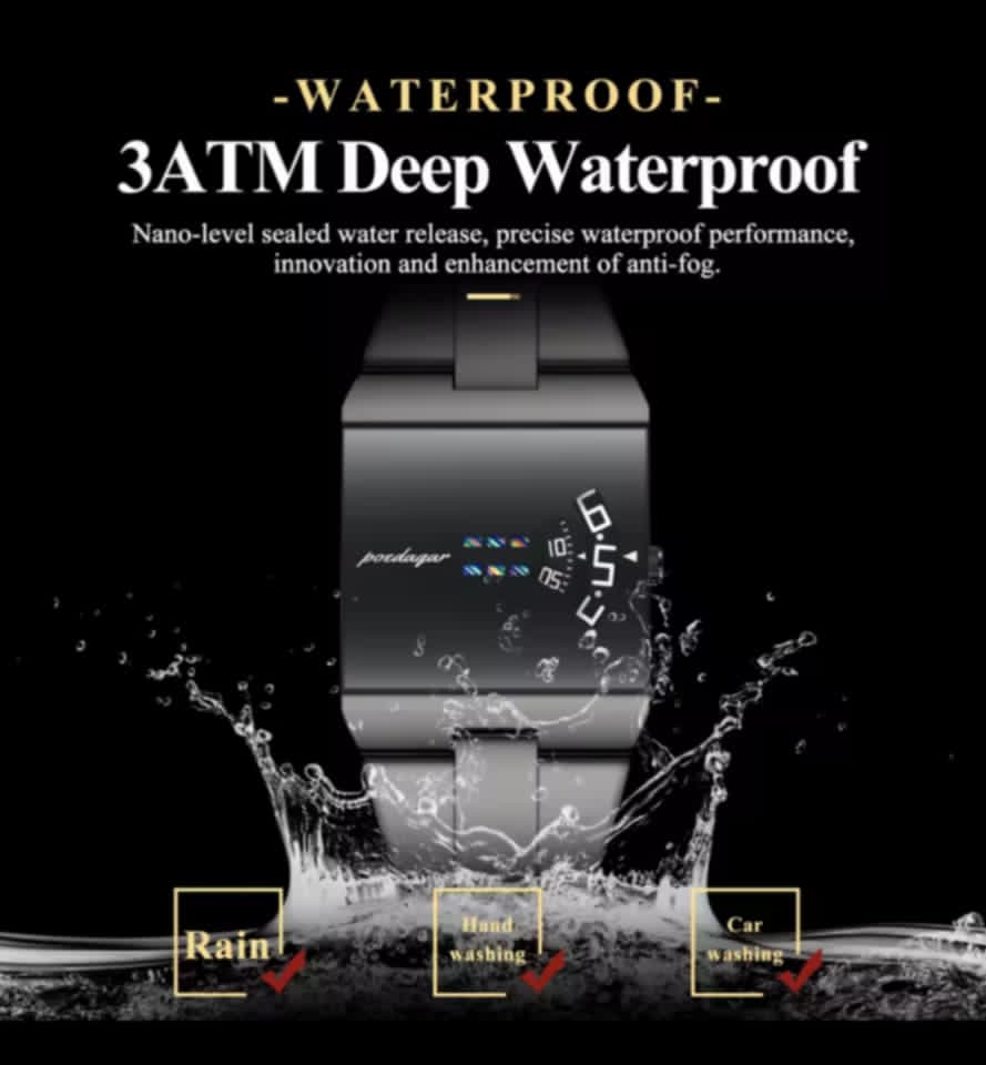 Reloj Poedagar LED Cuadrado | Resistente al Agua 3ATM | Negro Mate