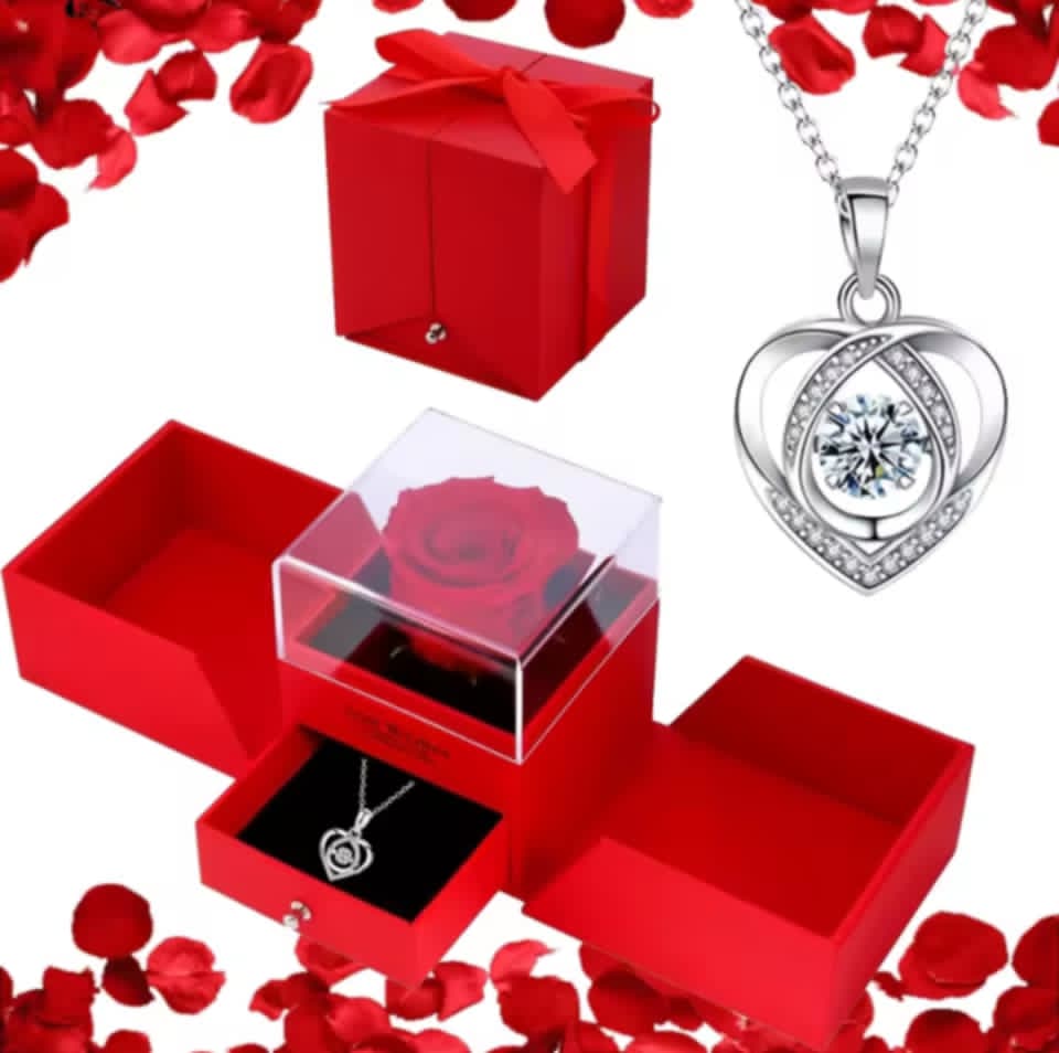 CAJA DE REGALO ROSA ETERNA CON COLLAR DE CORAZON
