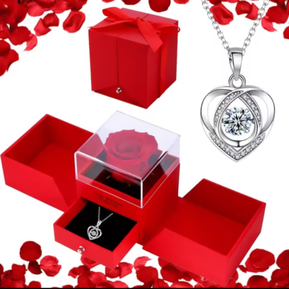CAJA DE REGALO ROSA ETERNA CON COLLAR DE CORAZON