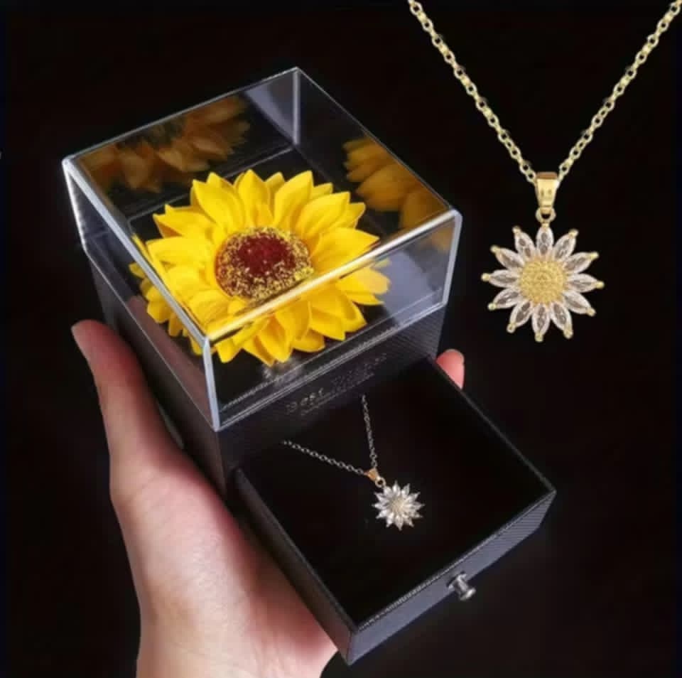 CAJA DE REGALO CON GIRASOL ETERNO Y COLLAR DE GIRASOL CON CRISTALES