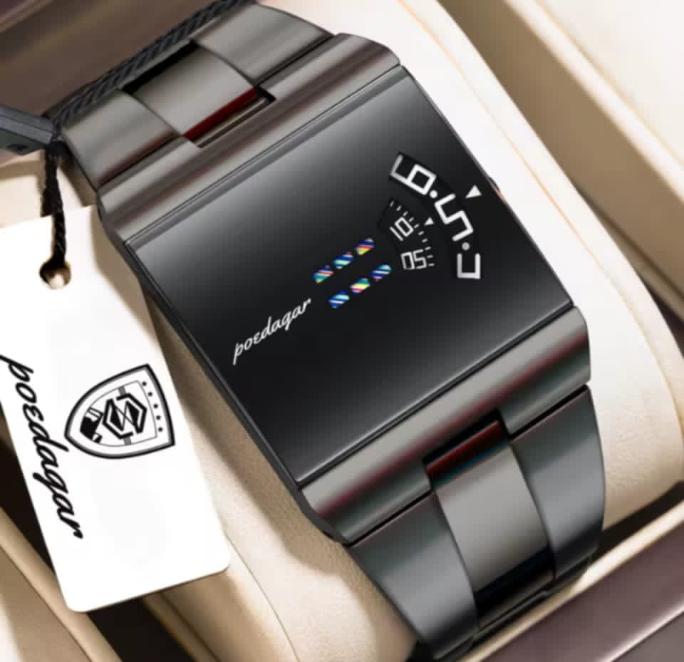 Reloj Poedagar LED Cuadrado | Resistente al Agua 3ATM | Negro Mate