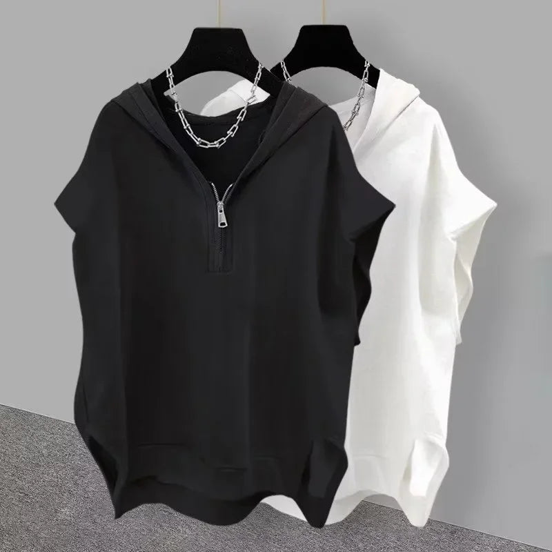Summer Zipper Hooded Sleeveless T-shirt Men's Korean Fashion Tank Tops 2026 New Y2K Streetwear Casual Vests Hip Hop Tee Shirts