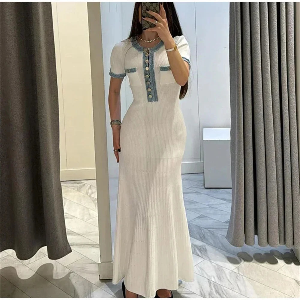 Elegant Contrasting Women Knit Maxi Dress  Short Sleeve Metal Buttons Bodycon