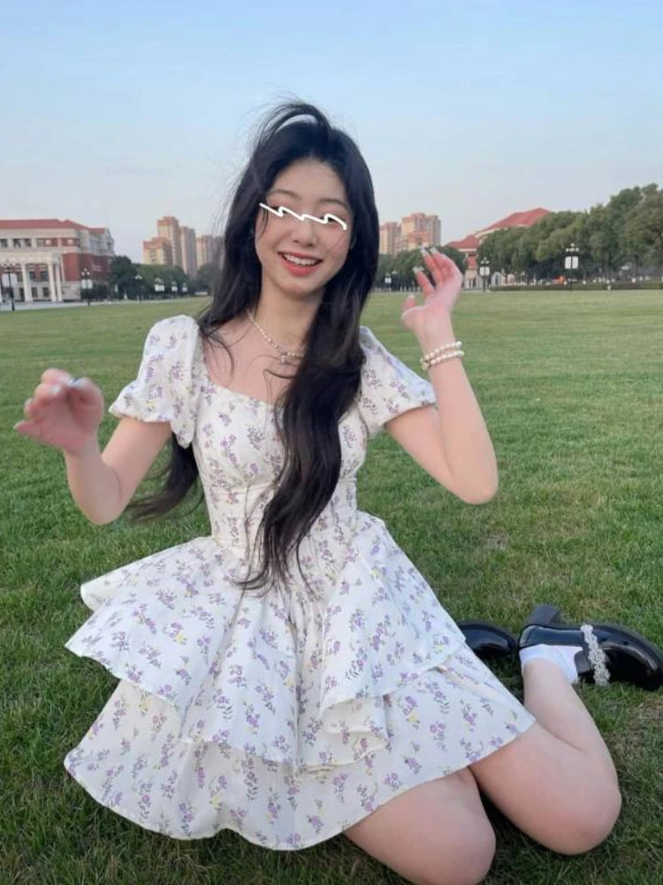 High Waist Dress Women Summer Floral Sweet Square Collar Puff Sleeve Princess Girlish Tender Elegant Korean Style Preppy Chic