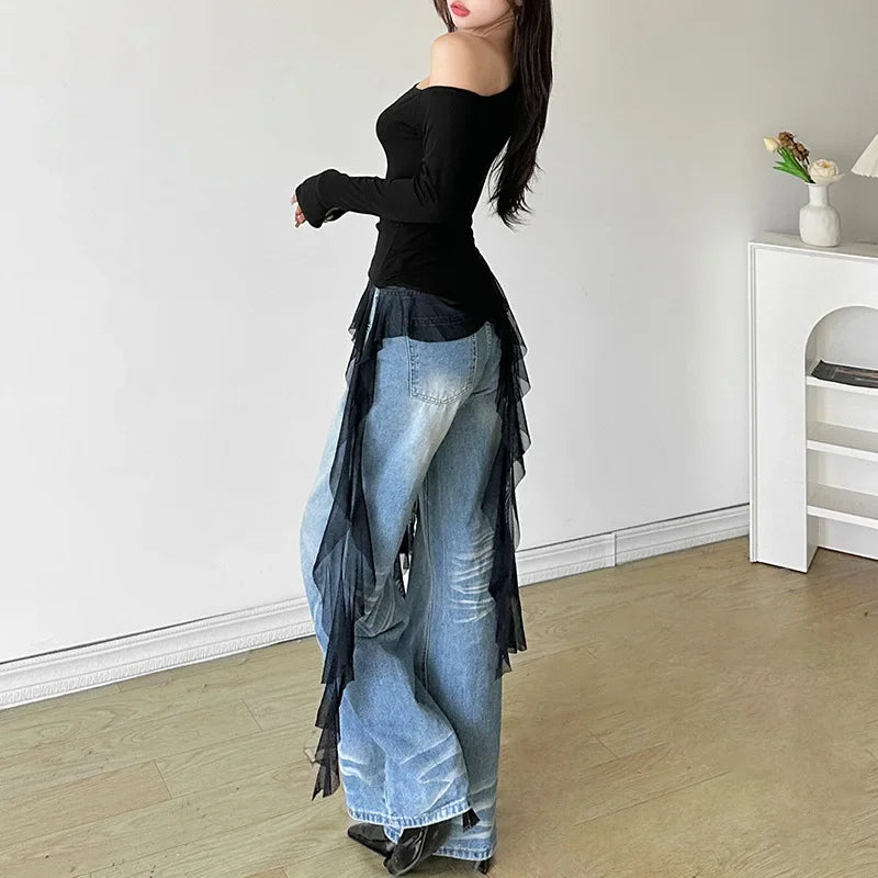 Irregular Spliced Gauze Ropa Mujer Skew Collar Off Shoulder Women Clothing Y2k Aesthetic Camisetasspring New Ropas Clothes