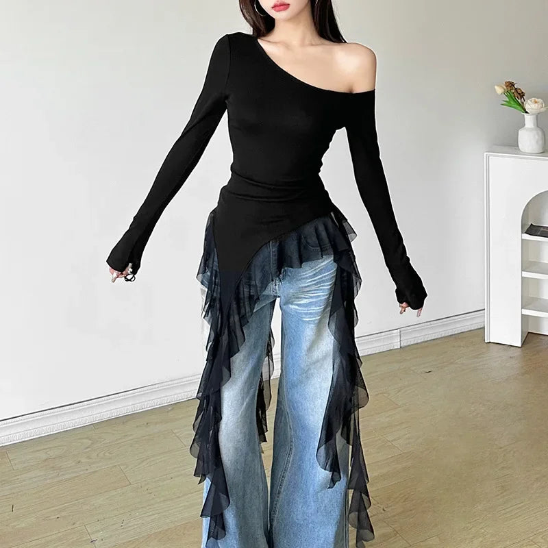 Irregular Spliced Gauze Ropa Mujer Skew Collar Off Shoulder Women Clothing Y2k Aesthetic Camisetasspring New Ropas Clothes
