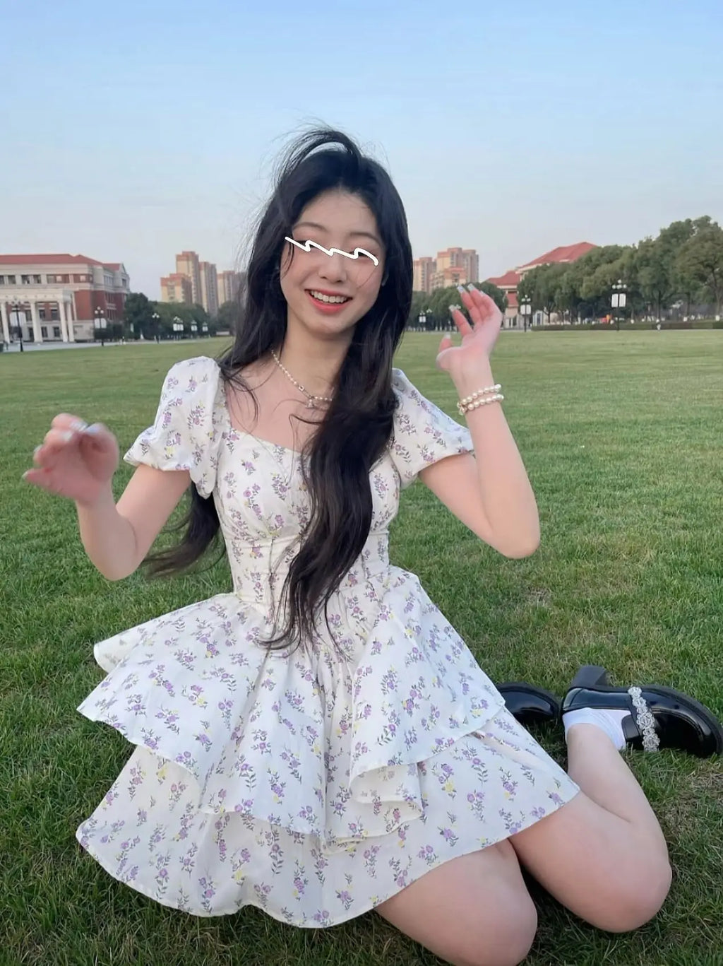 High Waist Dress Women Summer Floral Sweet Square Collar Puff Sleeve Princess Girlish Tender Elegant Korean Style Preppy Chic