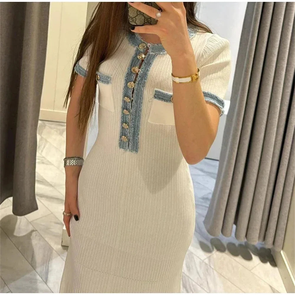 Elegant Contrasting Women Knit Maxi Dress  Short Sleeve Metal Buttons Bodycon