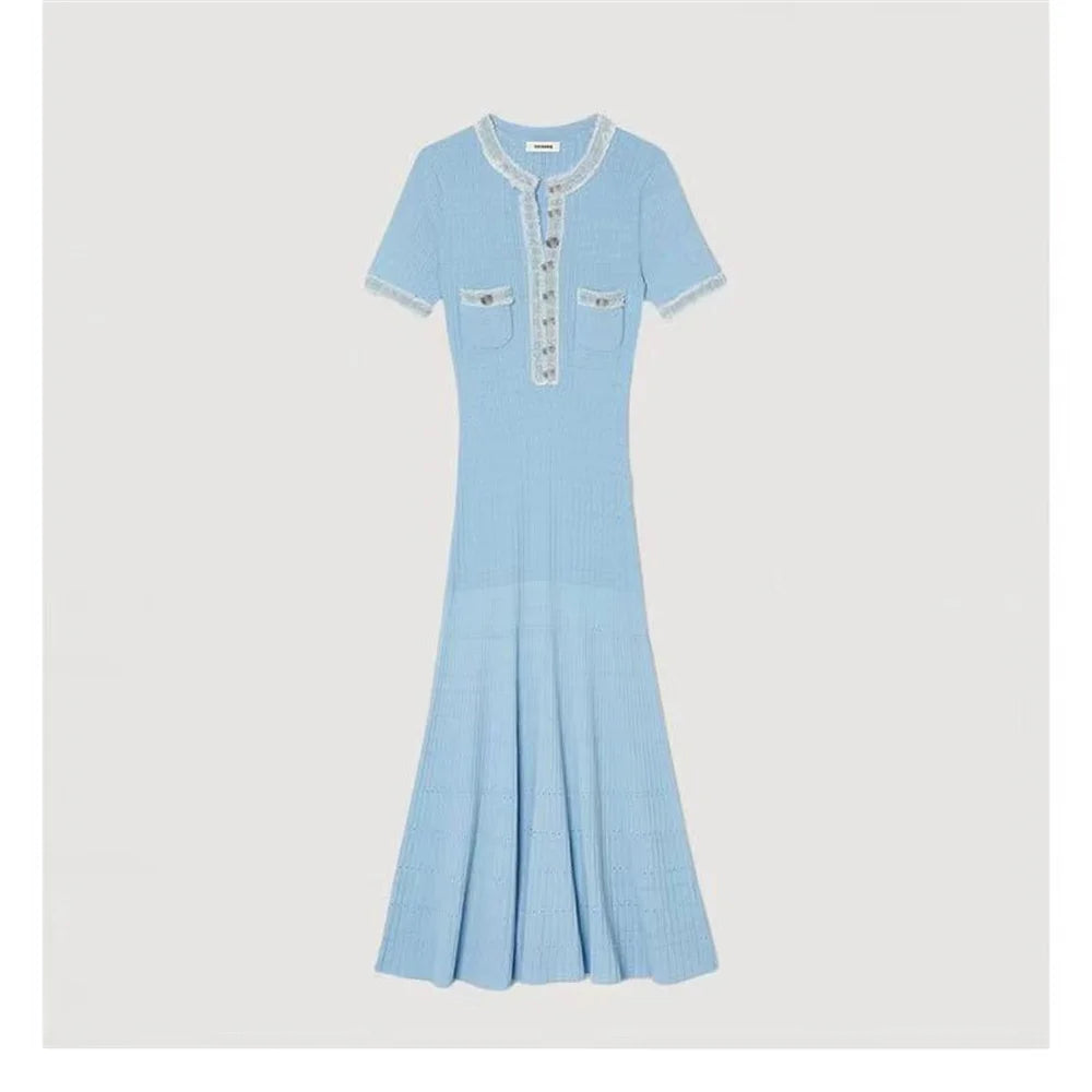 Elegant Contrasting Women Knit Maxi Dress  Short Sleeve Metal Buttons Bodycon