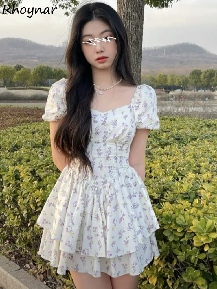 High Waist Dress Women Summer Floral Sweet Square Collar Puff Sleeve Princess Girlish Tender Elegant Korean Style Preppy Chic