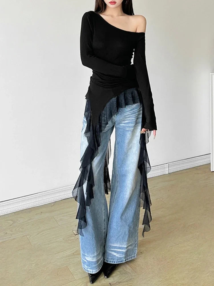 Irregular Spliced Gauze Ropa Mujer Skew Collar Off Shoulder Women Clothing Y2k Aesthetic Camisetasspring New Ropas Clothes