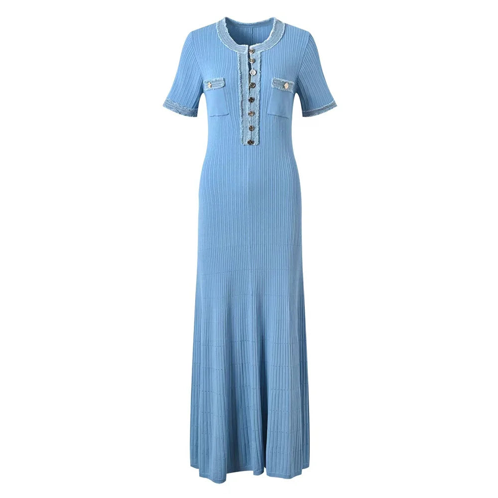 Elegant Contrasting Women Knit Maxi Dress  Short Sleeve Metal Buttons Bodycon