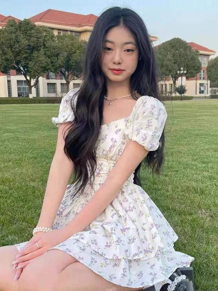 High Waist Dress Women Summer Floral Sweet Square Collar Puff Sleeve Princess Girlish Tender Elegant Korean Style Preppy Chic