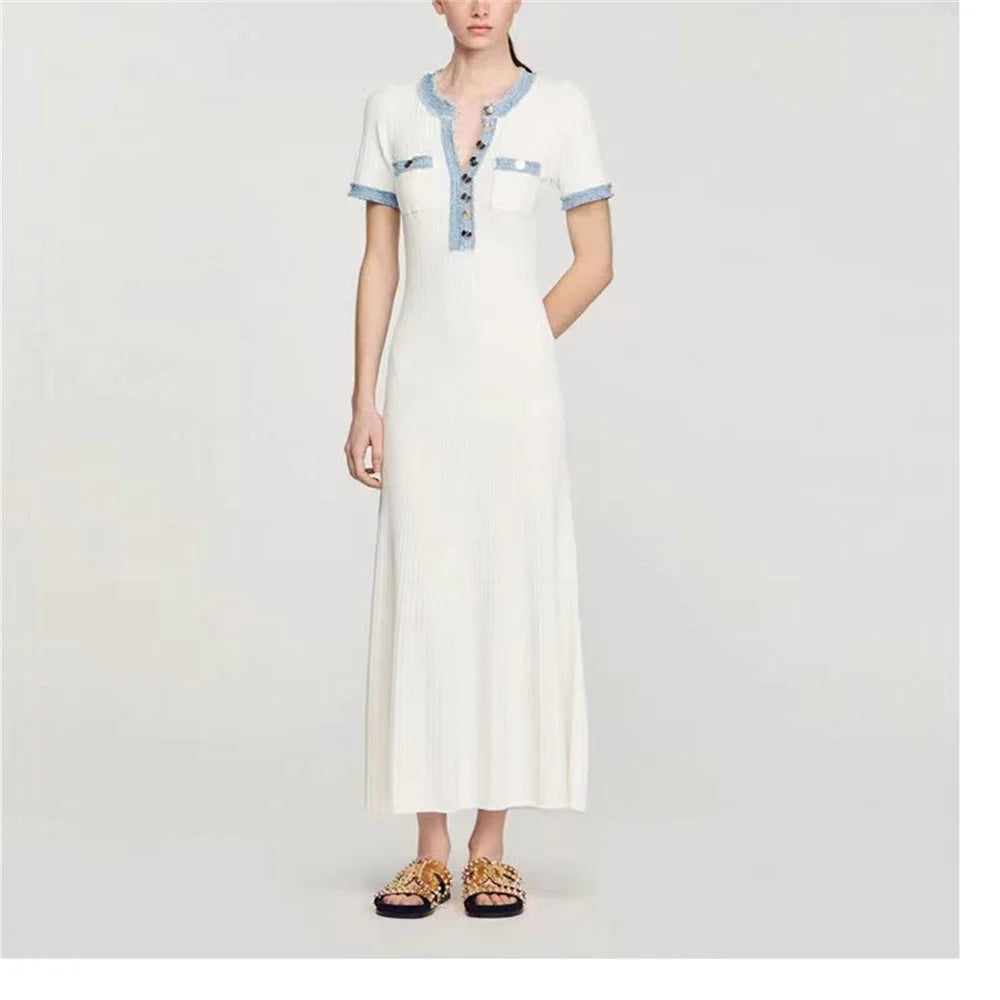 Elegant Contrasting Women Knit Maxi Dress  Short Sleeve Metal Buttons Bodycon