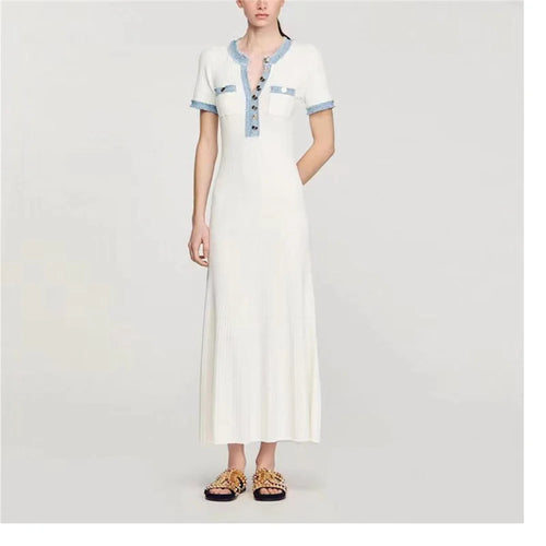 Elegant Contrasting Women Knit Maxi Dress  Short Sleeve Metal Buttons Bodycon