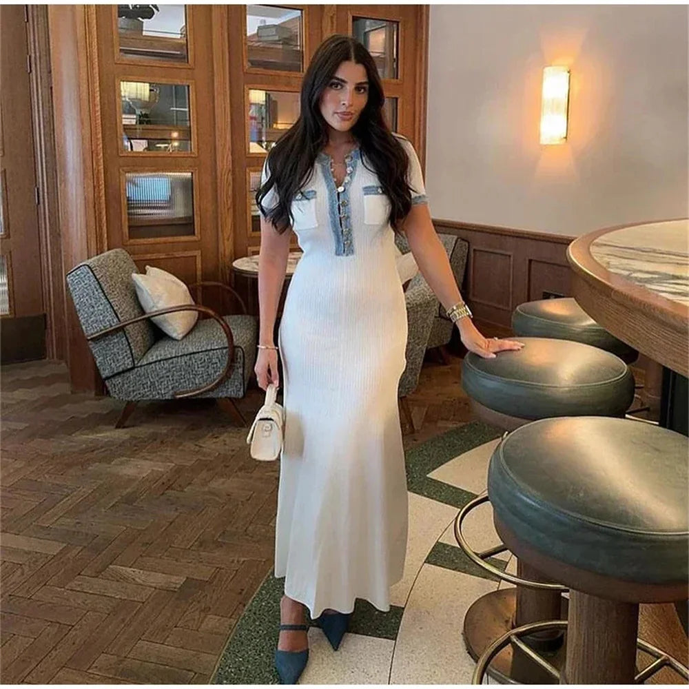 Elegant Contrasting Women Knit Maxi Dress  Short Sleeve Metal Buttons Bodycon