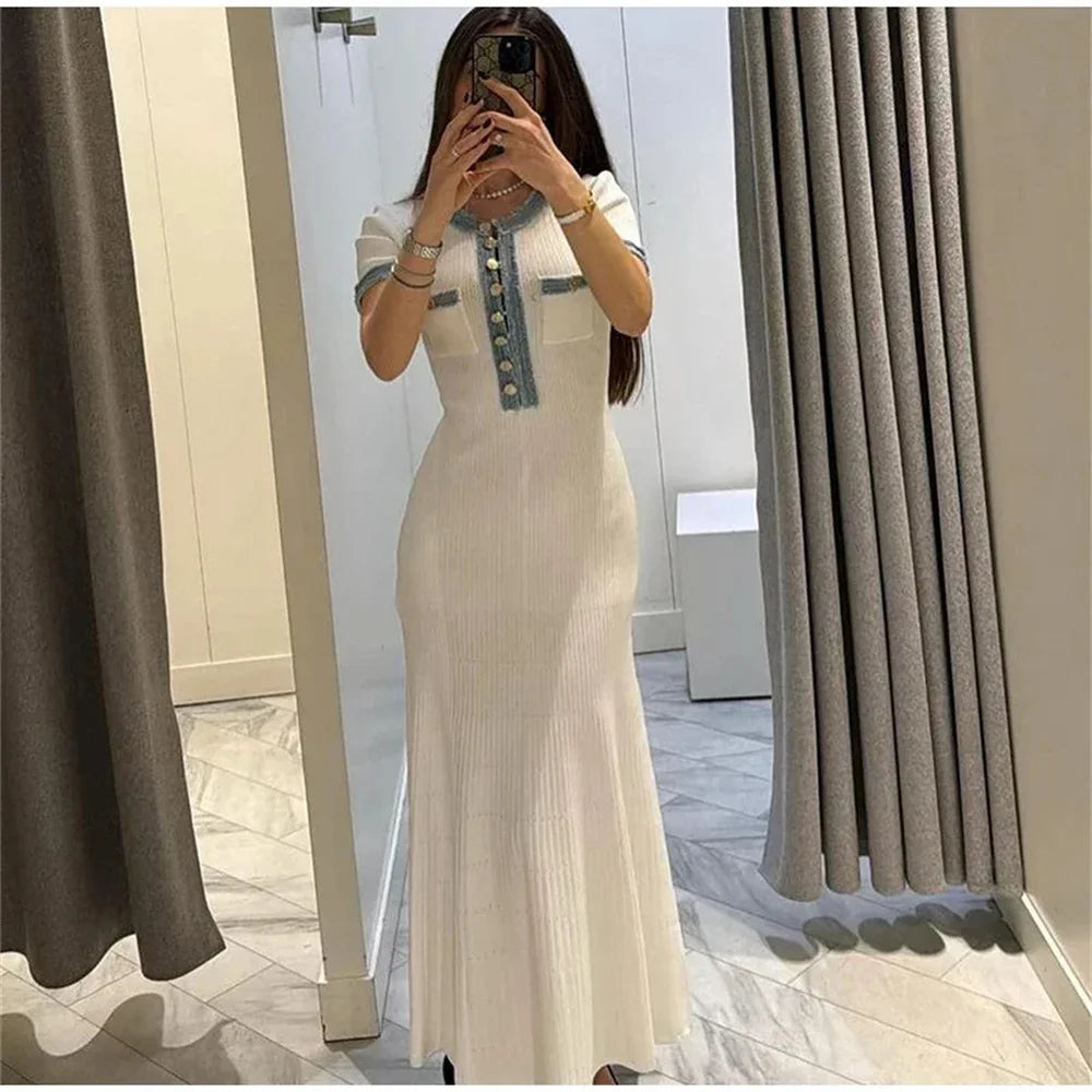 Elegant Contrasting Women Knit Maxi Dress  Short Sleeve Metal Buttons Bodycon