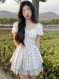 High Waist Dress Women Summer Floral Sweet Square Collar Puff Sleeve Princess Girlish Tender Elegant Korean Style Preppy Chic