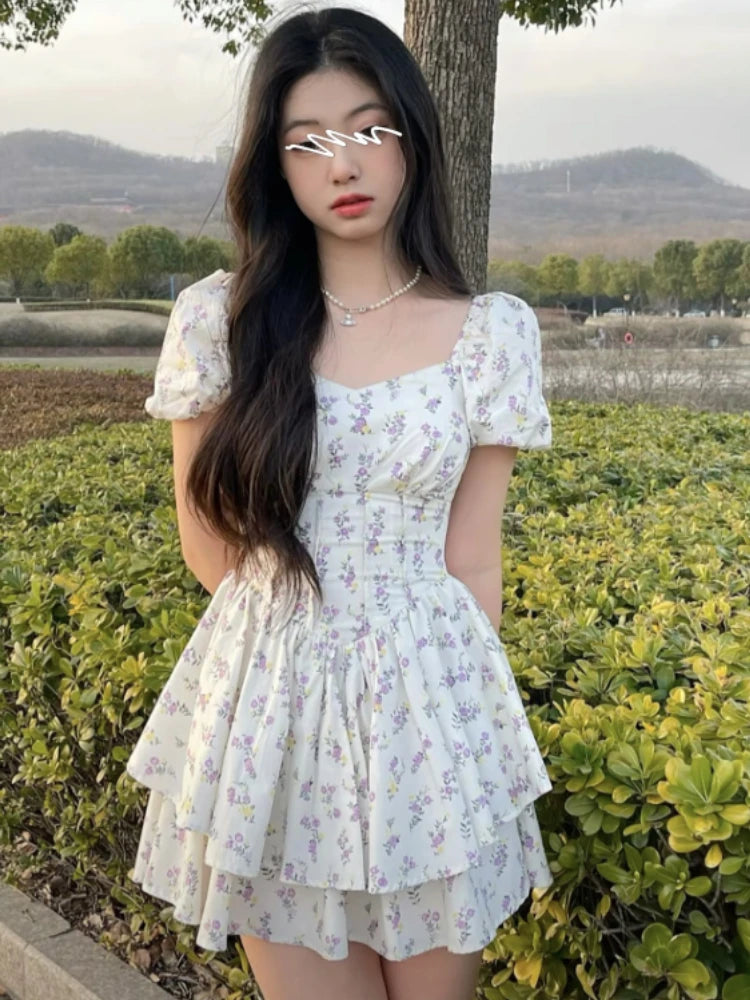 High Waist Dress Women Summer Floral Sweet Square Collar Puff Sleeve Princess Girlish Tender Elegant Korean Style Preppy Chic