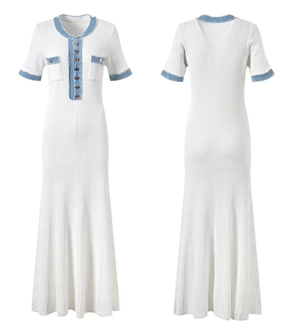 Elegant Contrasting Women Knit Maxi Dress  Short Sleeve Metal Buttons Bodycon