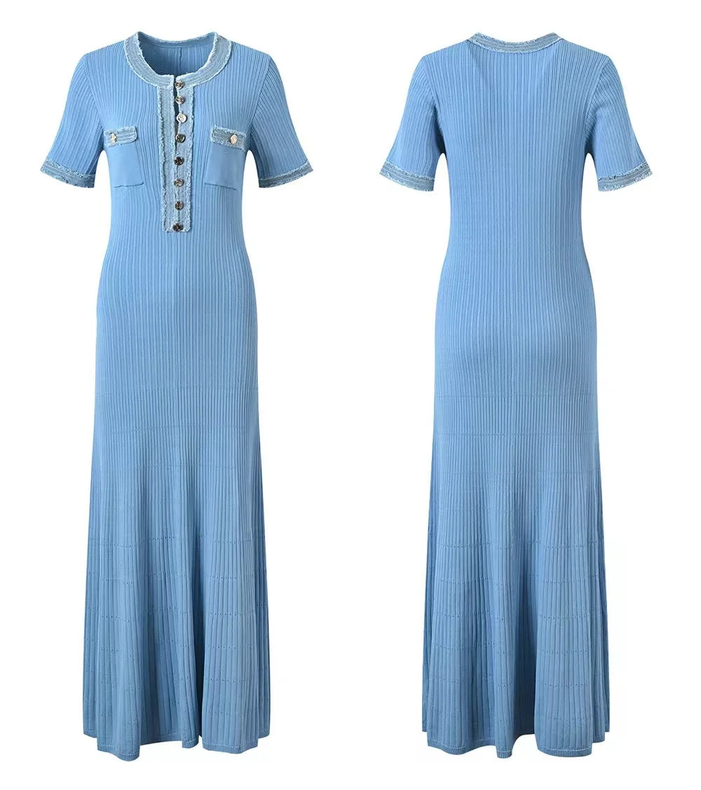 Elegant Contrasting Women Knit Maxi Dress  Short Sleeve Metal Buttons Bodycon