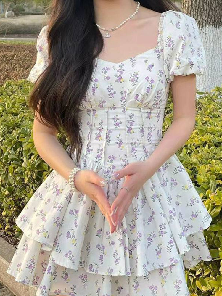 High Waist Dress Women Summer Floral Sweet Square Collar Puff Sleeve Princess Girlish Tender Elegant Korean Style Preppy Chic