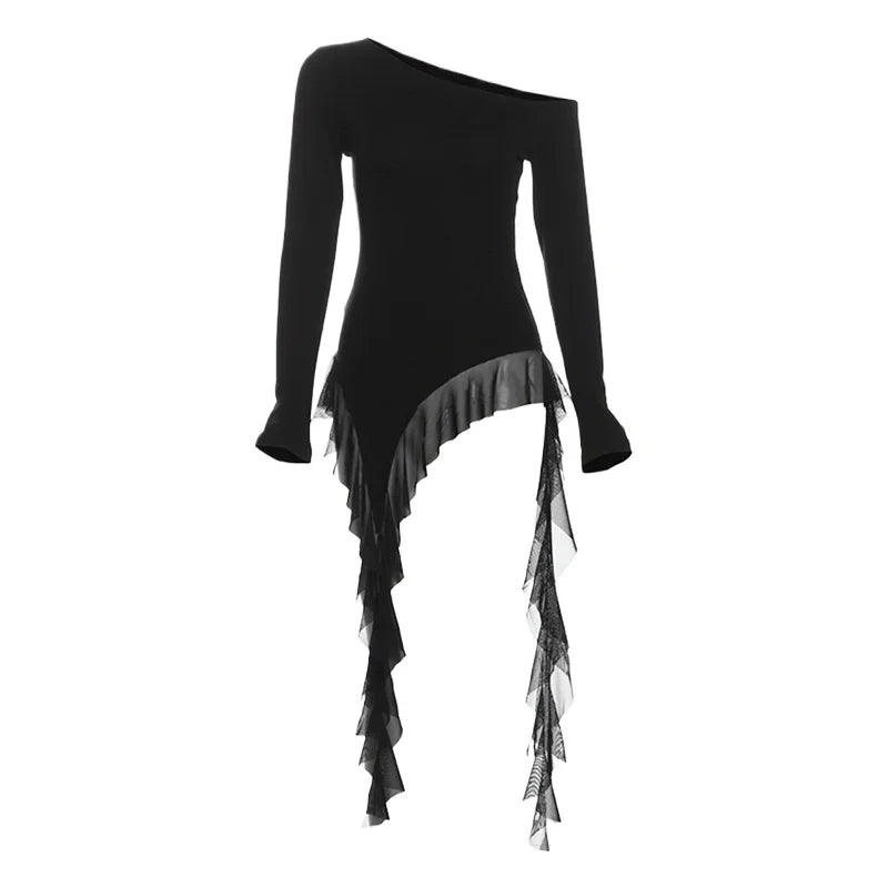 Irregular Spliced Gauze Ropa Mujer Skew Collar Off Shoulder Women Clothing Y2k Aesthetic Camisetasspring New Ropas Clothes