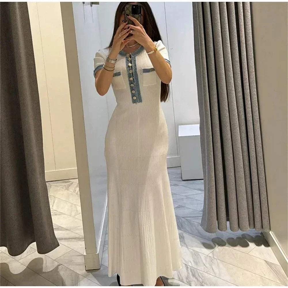 Elegant Contrasting Women Knit Maxi Dress  Short Sleeve Metal Buttons Bodycon