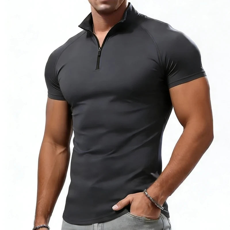 Compression T-shirt Men Summer Zipper Neck Male Tops Tee Gyms Fitness Tshirt Slim Fit Skinny Tigths Casual Fashion T Shirt Men