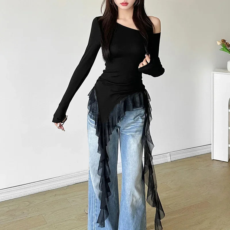 Irregular Spliced Gauze Ropa Mujer Skew Collar Off Shoulder Women Clothing Y2k Aesthetic Camisetasspring New Ropas Clothes