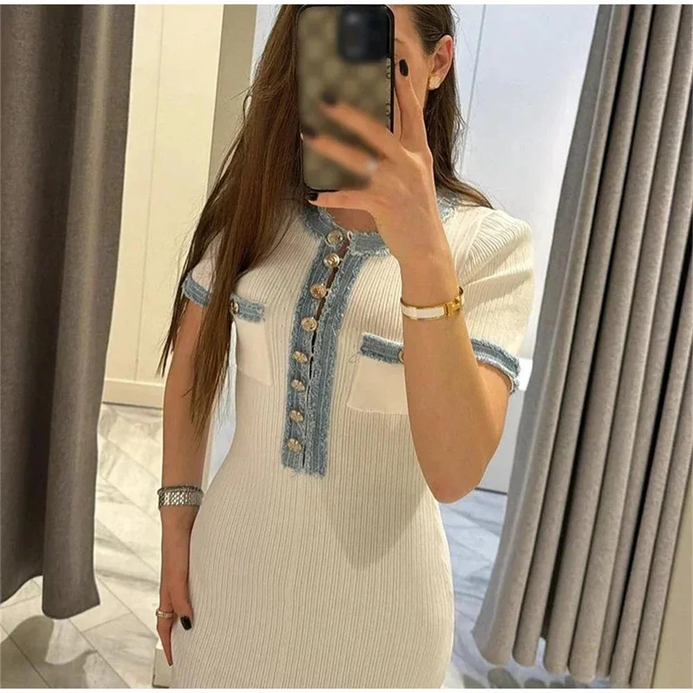 Elegant Contrasting Women Knit Maxi Dress  Short Sleeve Metal Buttons Bodycon
