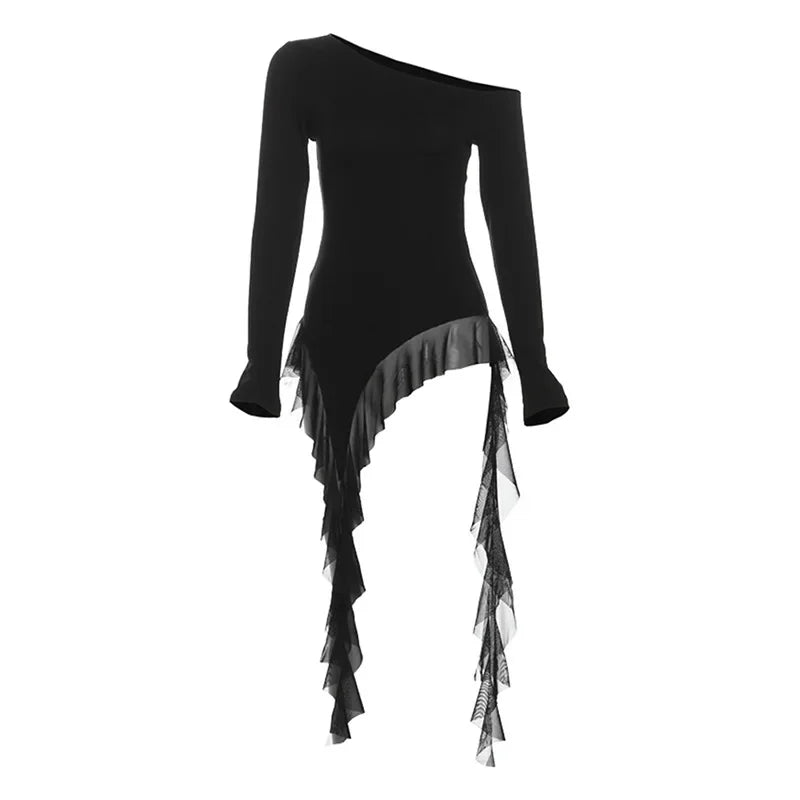 Irregular Spliced Gauze Ropa Mujer Skew Collar Off Shoulder Women Clothing Y2k Aesthetic Camisetasspring New Ropas Clothes