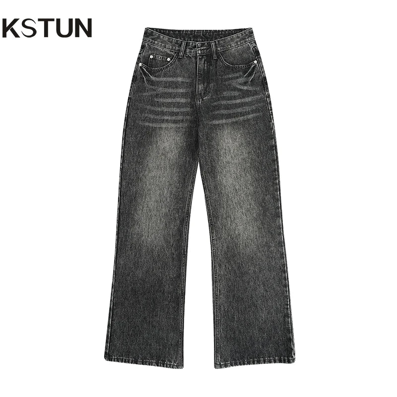 KSTUN 2025 Men Flared Jeans Boot Cut Jeans Denim Pants Loose Straight Vintage Black Gray Jeans Men Comfort Men's Denim Trousers