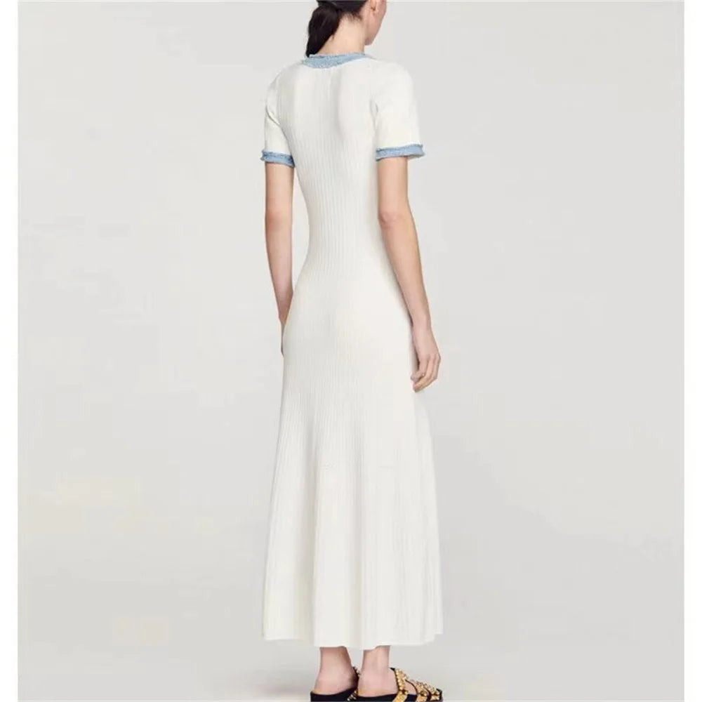 Elegant Contrasting Women Knit Maxi Dress  Short Sleeve Metal Buttons Bodycon