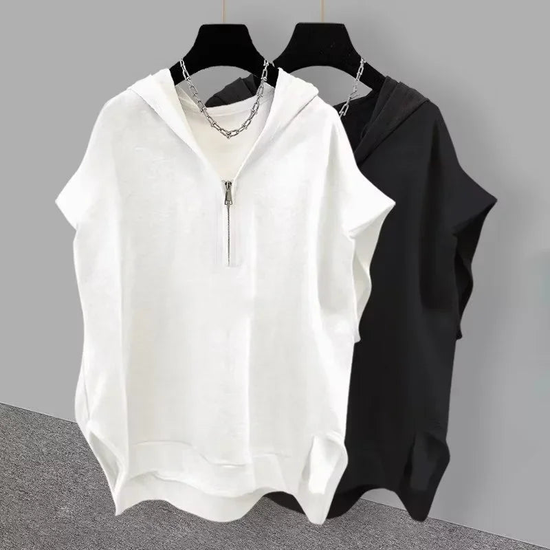 Summer Zipper Hooded Sleeveless T-shirt Men's Korean Fashion Tank Tops 2026 New Y2K Streetwear Casual Vests Hip Hop Tee Shirts