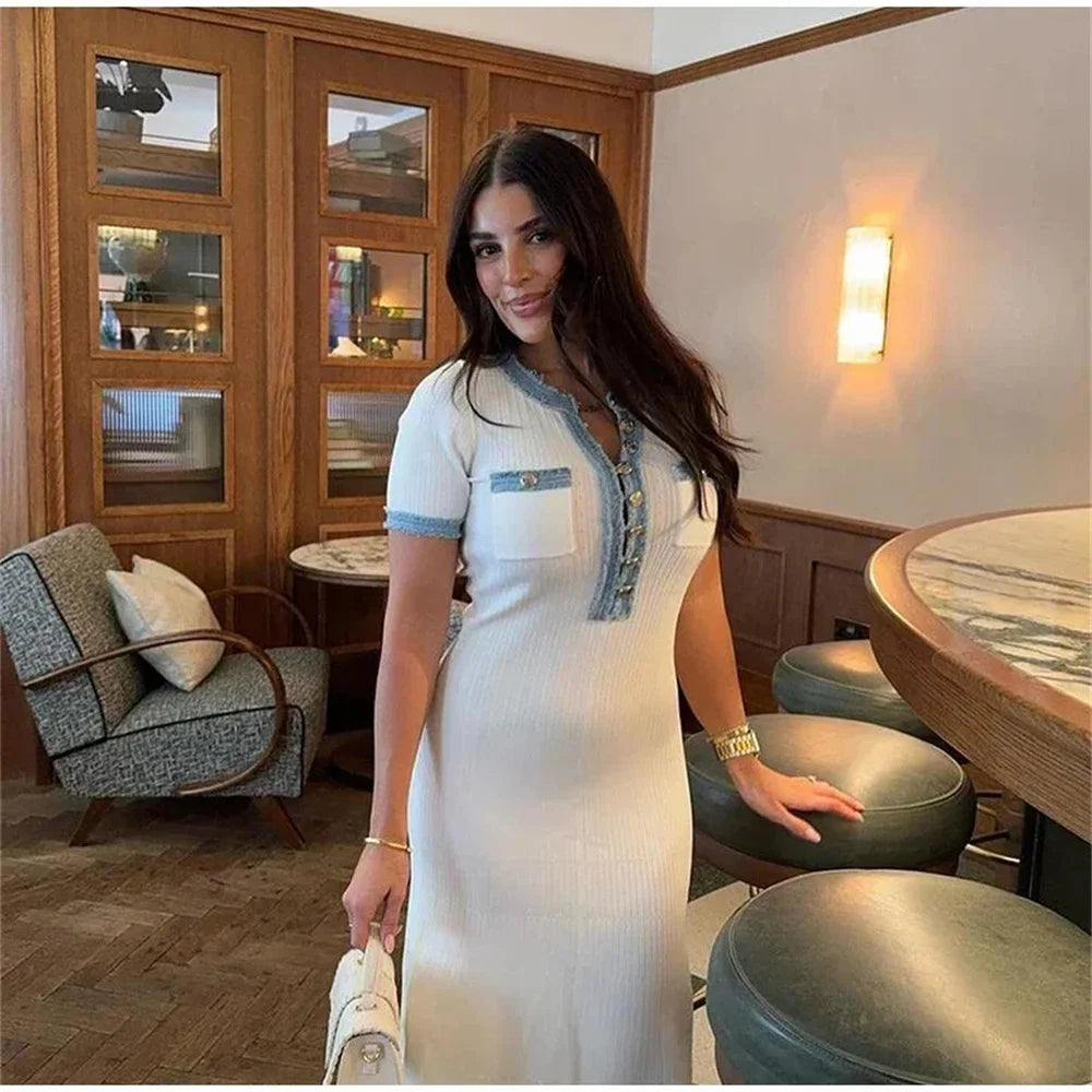 Elegant Contrasting Women Knit Maxi Dress  Short Sleeve Metal Buttons Bodycon