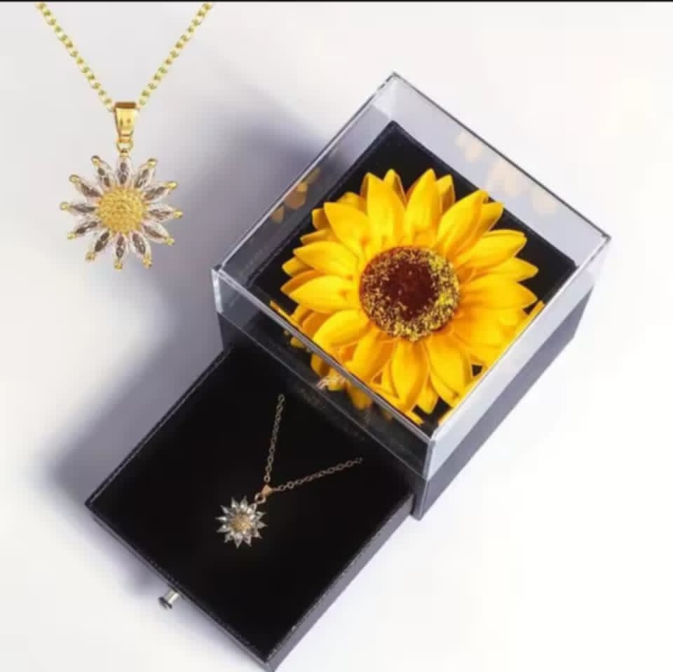 CAJA DE REGALO CON GIRASOL ETERNO Y COLLAR DE GIRASOL CON CRISTALES