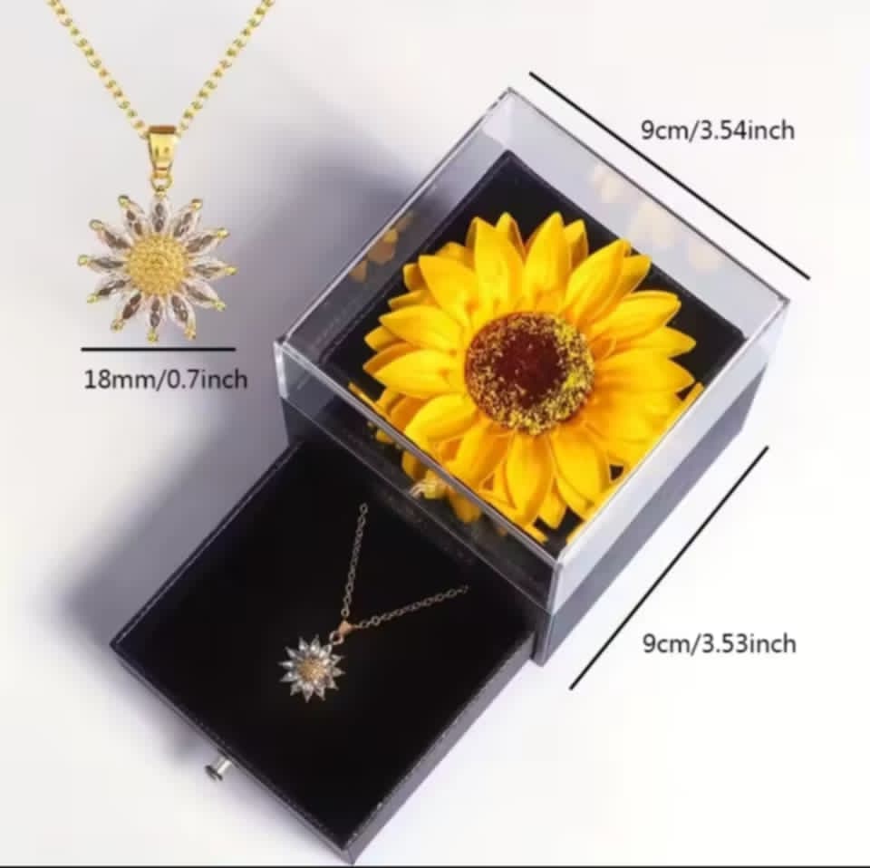 CAJA DE REGALO CON GIRASOL ETERNO Y COLLAR DE GIRASOL CON CRISTALES