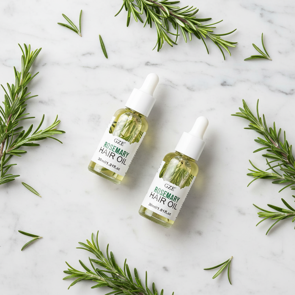 Flat lay aceite de romero con ramas naturales en mármol