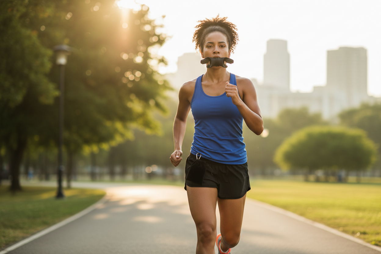 Atleta corriendo con entrenador de respiración