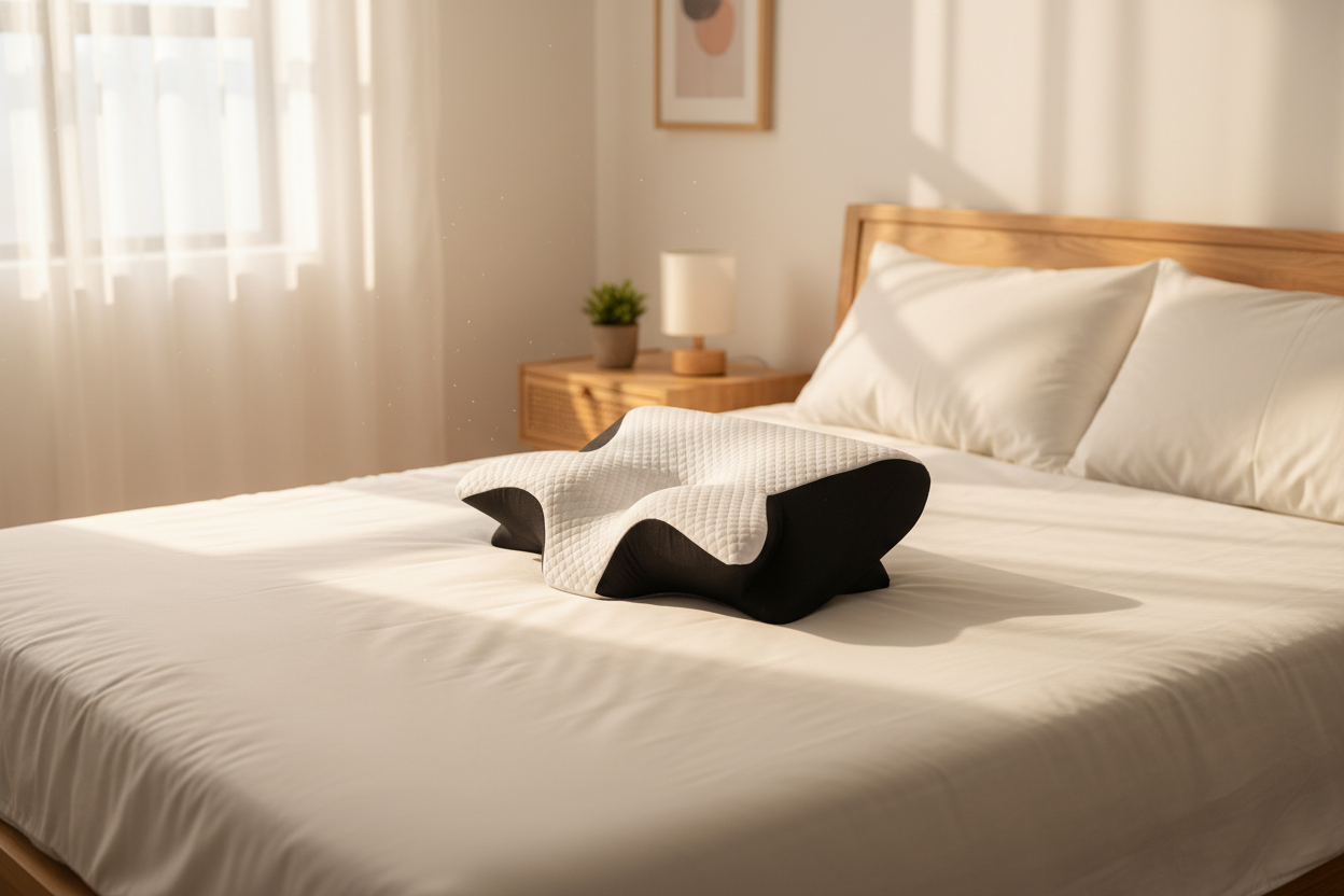 Almohada cervical en cama sábanas blancas