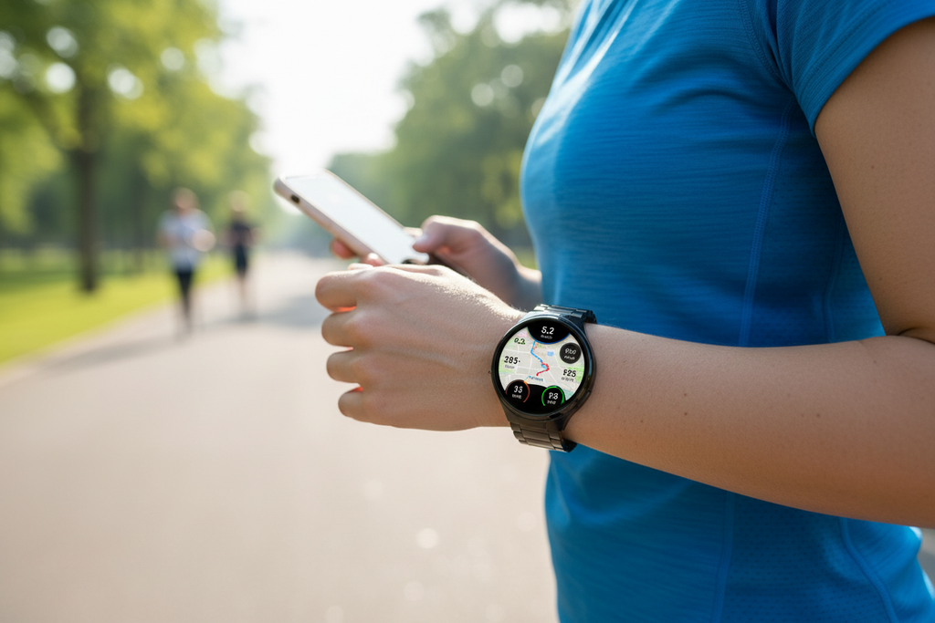 Mujer corriendo con smartwatch fitness