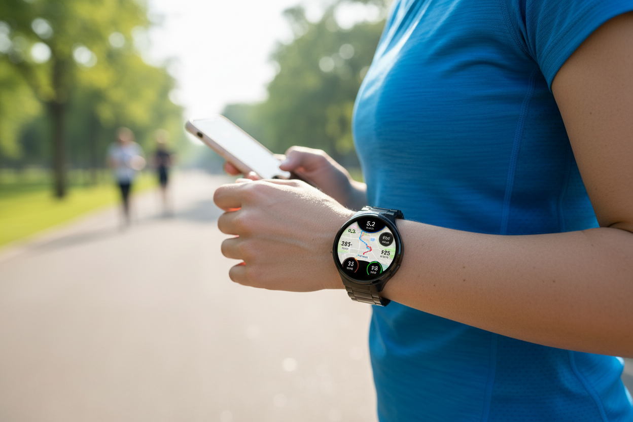 Mujer corriendo con smartwatch fitness