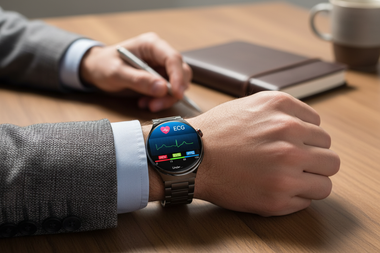 Hombre con smartwatch premium en muñeca