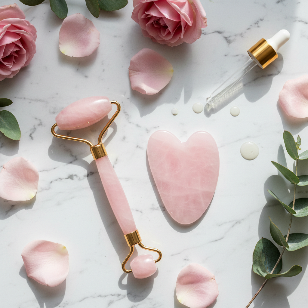 Flat lay rodillo cuarzo y gua sha con petalo