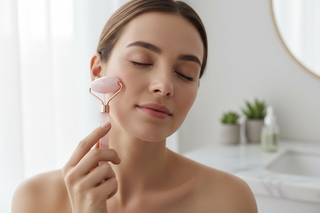 Mujer usando rodillo de cuarzo facial