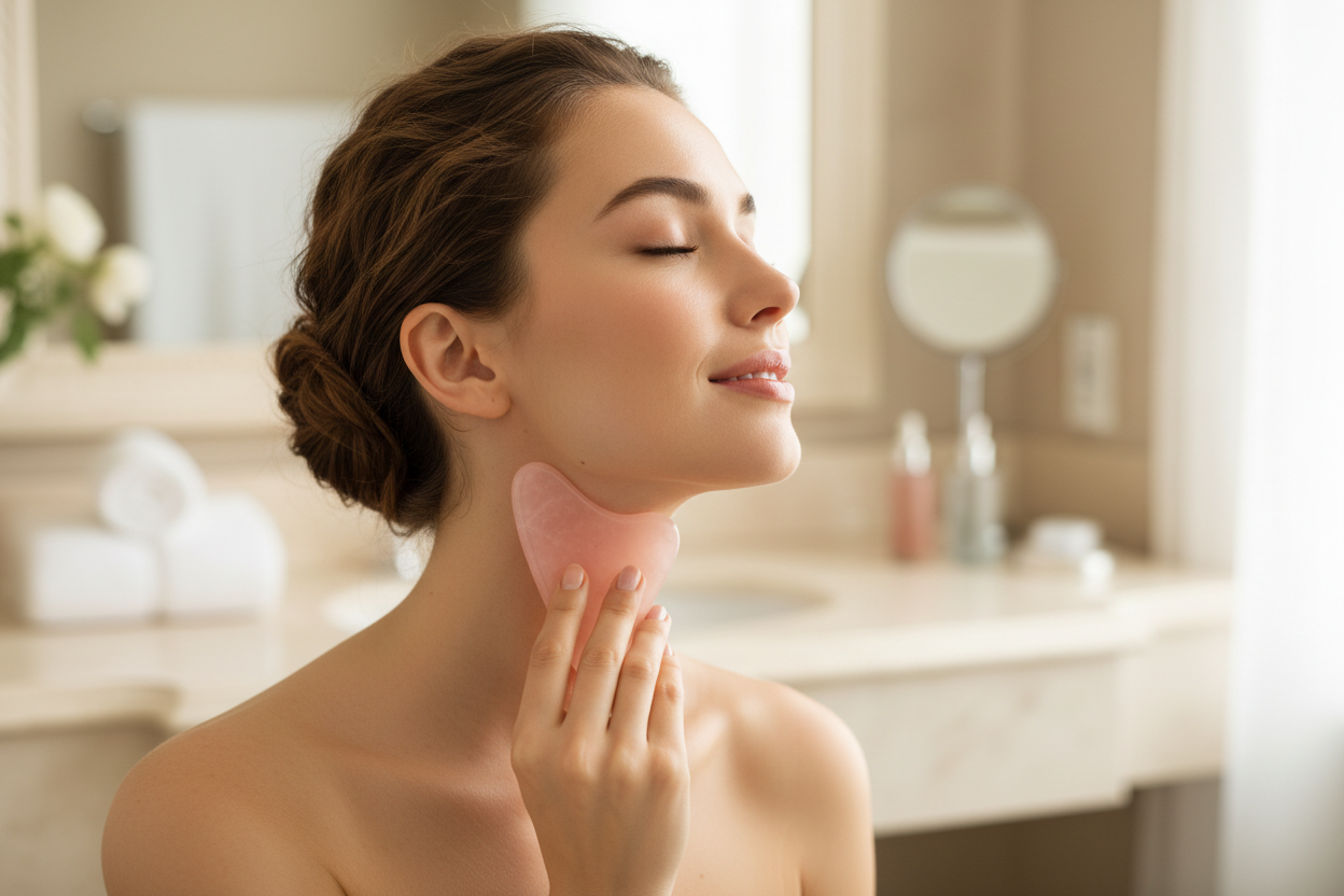 Mujer usando gua sha en mandibula