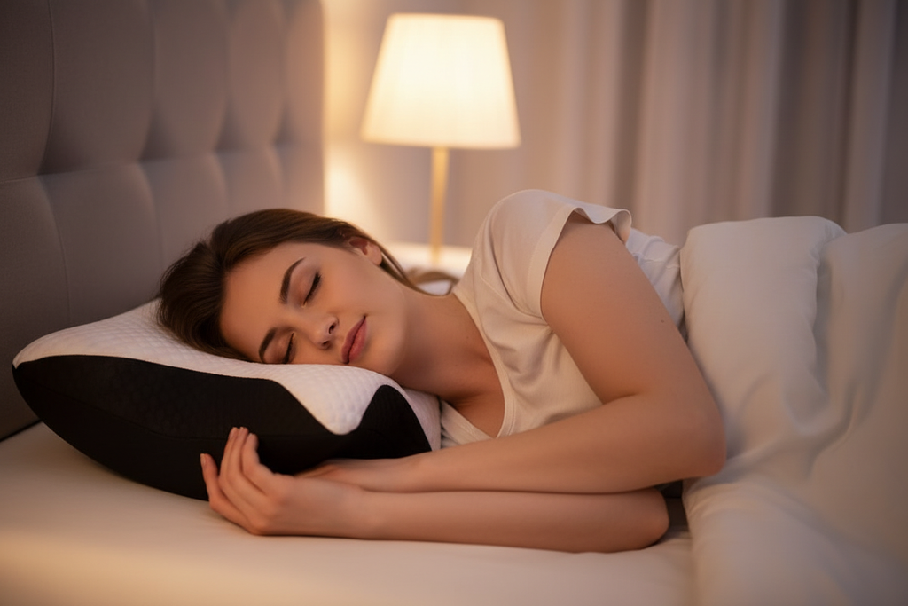 Mujer durmiendo con almohada cervical