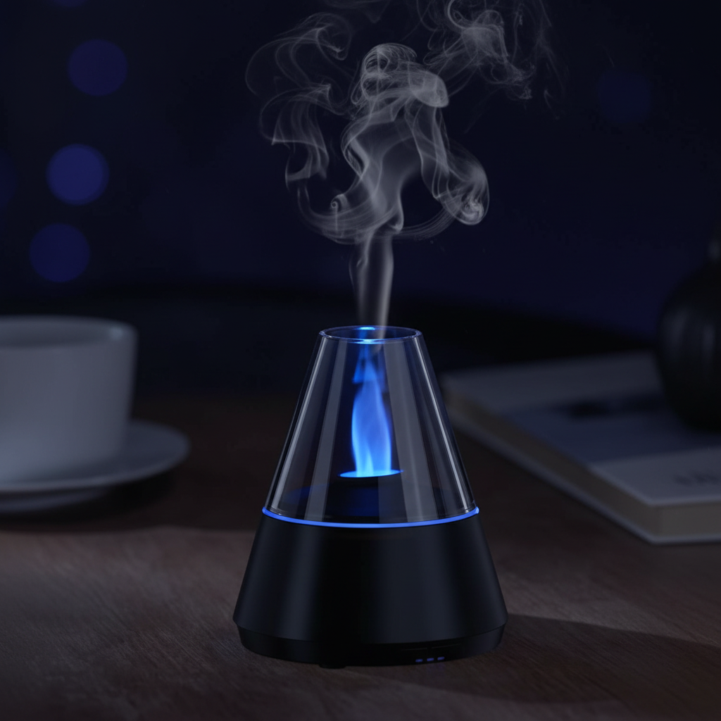 Difusor con luz LED azul fondo oscuro