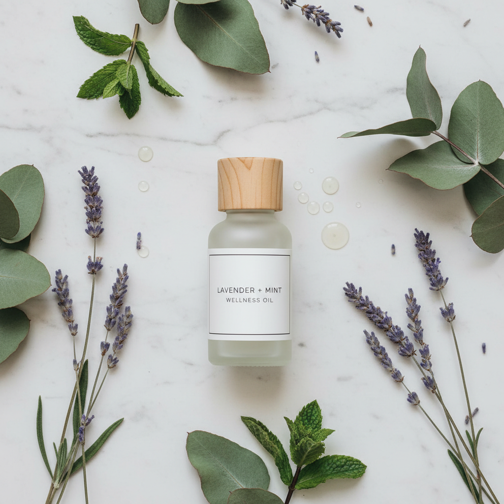 Flat lay con lavanda y eucalipto